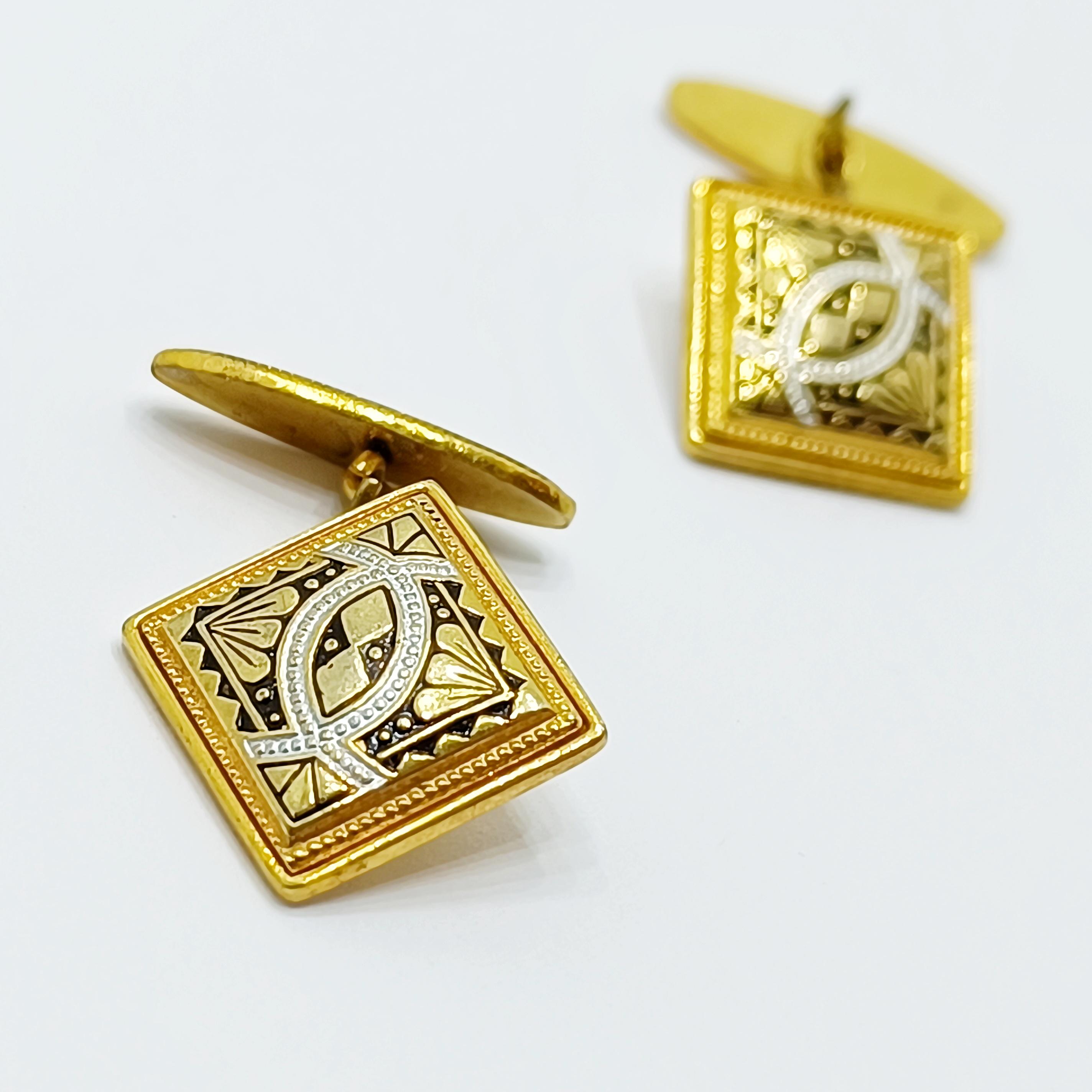 Vintage Damascene square cufflinks Black and Gold ornate cuff links Spanish Toledo damascene jewelry