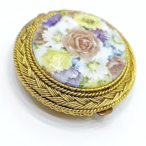 Espejo compacto de maquillaje de bolsillo vintage Max Factor Floral Fresco Compact con adorno floral, polvo compacto retro
