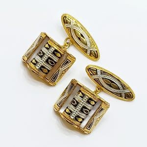 Vintage Damaszener Quadrat Manschettenknöpfe Schwarz und Silber Radierung und eingelegte MOP verzierte Manschettenknöpfe Toledo Damaszener Schmuck