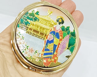 Vintage Japanese girl mirror compact Enamel oriental asian lady compact mirror Pocket mirror made in Japan