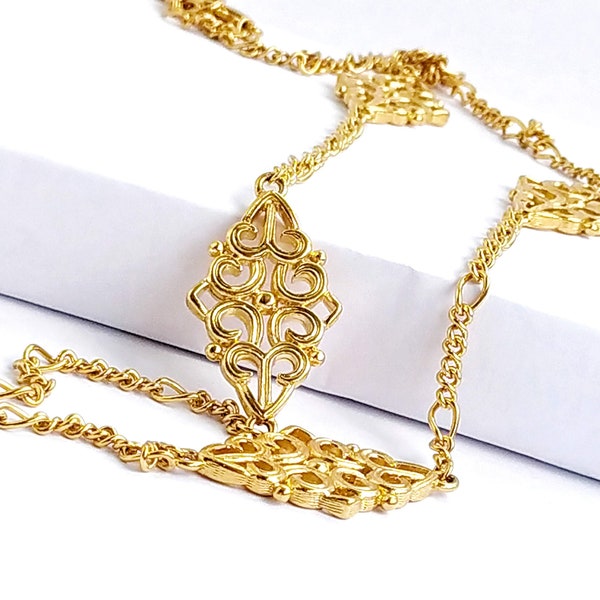 Gold filigree panel chain necklace Vintage victorian revival ornate link chain Openwork link necklace