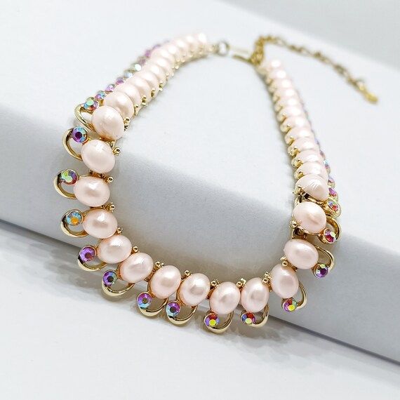 Vintage pink pearl collar necklace Faux pearl gol… - image 2