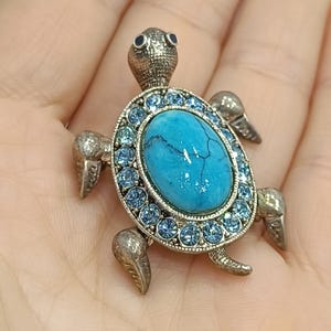 Vintage faux turquoise turtle brooch Silver tone blue rhinestones animal brooch pin  Sparkling crystals silver turtle coat pin