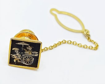 AMITA Japan Damascene jewelry Gold tone Japanese push back pin Vintage DAMASCENE small tie tack pin