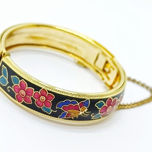 Vintage Black Enamel Cloisonne Butterfly Cuff Bangle: Gold Tone Floral Clamper Bracelet (S/M)