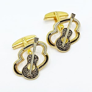 Vintage Damaszene Manschettenknöpfe Gitarre Schwarz und Gold verzierten Manschettenknöpfe Spanisch Toledo Damaszener Schmuck Geschenk für Bräutigam Trauzeugen