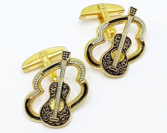 Vintage Damascene Acoustic guitar cufflinks Black and Gold ornate cuff links Spanish Toledo damascene jewelry Gift for Groom Groomsmen