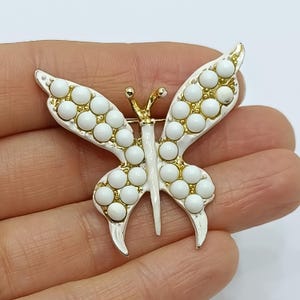 Vintage white beaded butterfly brooch Rare white enamel and gold butterfly pin Figural bug jewelry 1970s