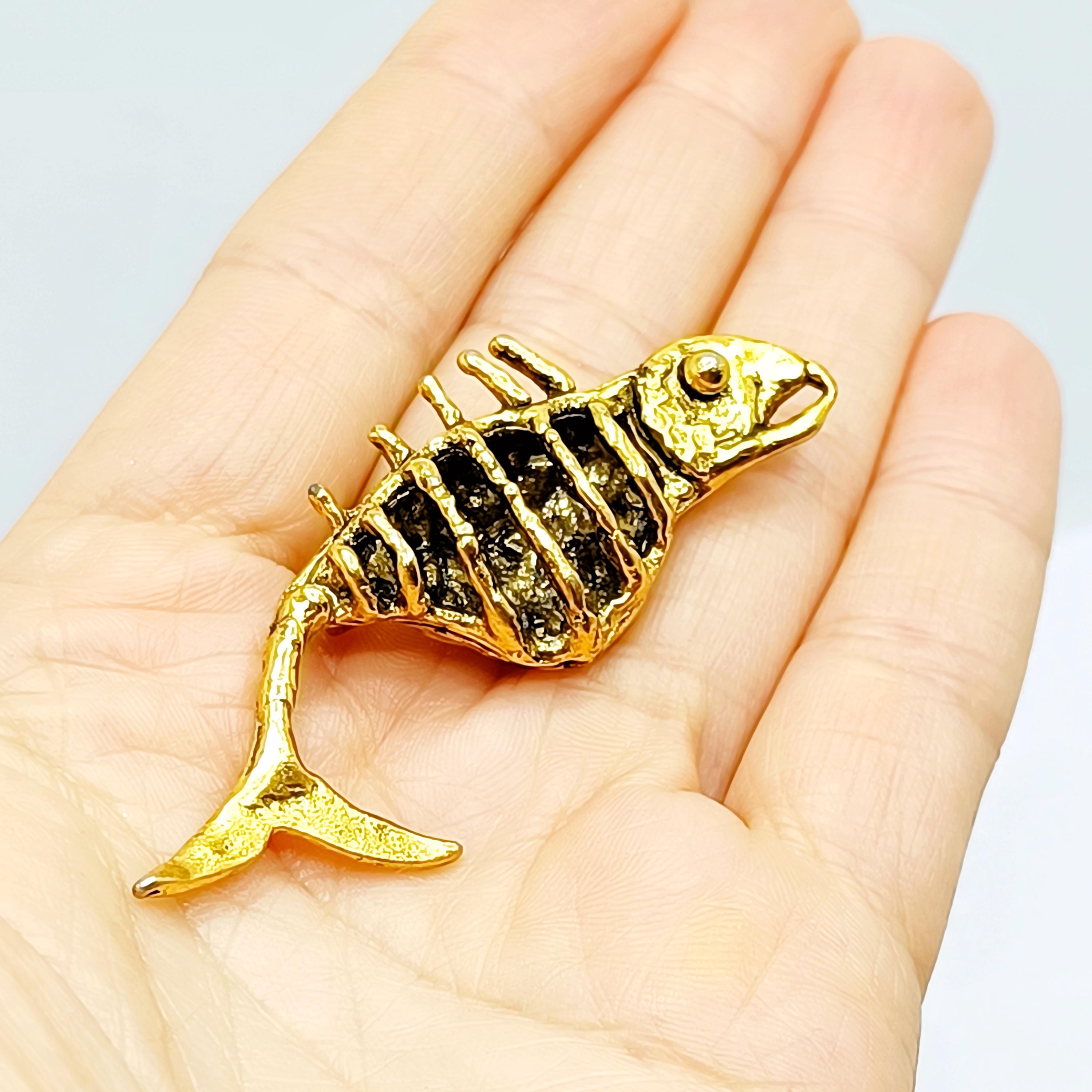 Fishbone Pin Gold Plated Artisan Whale Skeleton Pin Brutalist Fishbone Pin Vintage ...