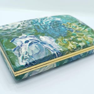 Vintage Mele Earring Jewelry Box Organizer, Retro Travel Case, Floral Clamshell Box, Blue Green Abstract Print