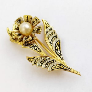 Vintage Damascene flower brooch with faux pearl Large Black and Gold ornate pin Spain  Toledo damascene jewelry