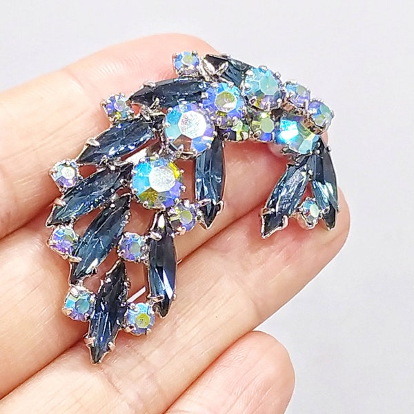 Vintage austrian crystal brooch Ocean blue shrimp brooch Large Aurora Borealis and teal blue crystal brooch pin