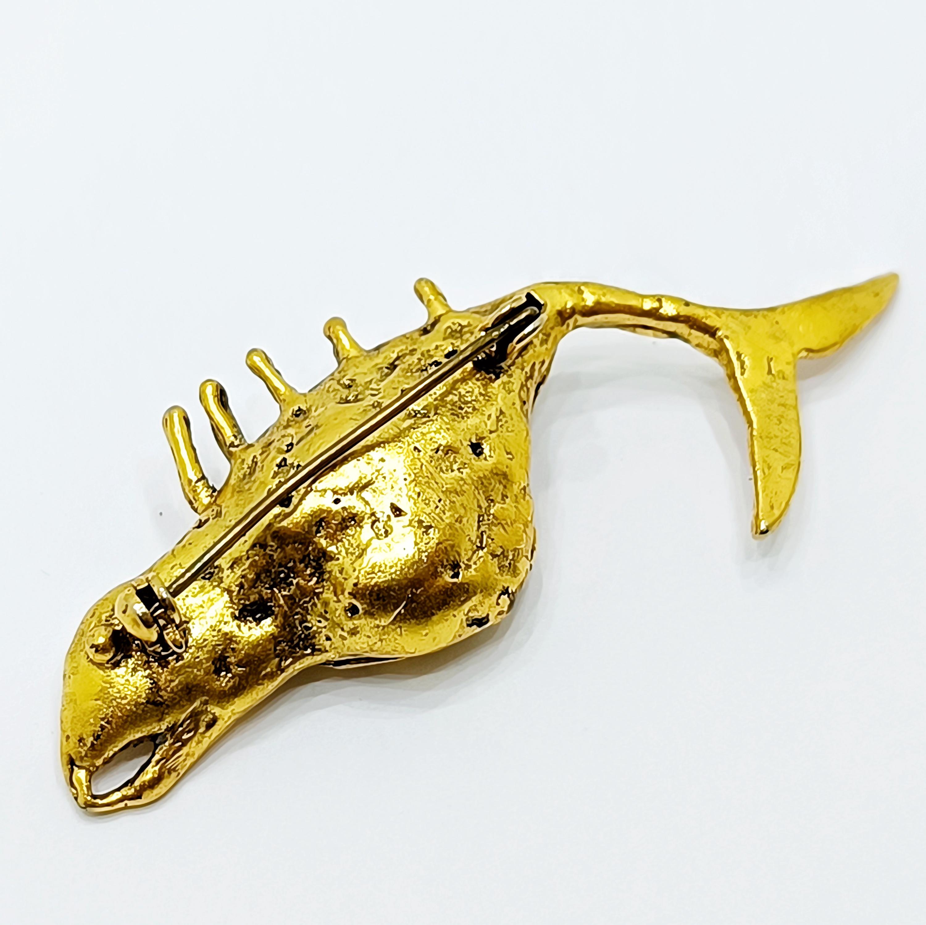Fishbone Pin Gold Plated Artisan Whale Skeleton Pin Brutalist Fishbone Pin Vintage ...