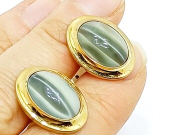 Vintage CORRECT QUALITY cufflinks Classic gold tone gray art glass tiger eye cuff links  Wedding cufflinks