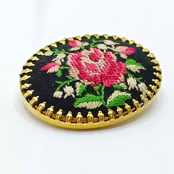 Vintage floral embroidered brooch Needlepoint ros… - image 5