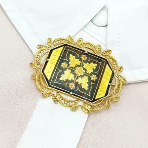 Vintage DAMASCENE octagon brooch 1950&#39;s Spanish Damascene Black and Gold floral pin Toledo Spain Gold Tone filigree ornate brooch