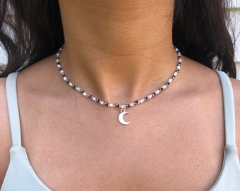 Moon Choker Necklace, Beaded Choker with Moon Charm, Seed Bead Choker Necklace, Crescent Moon Charm Choker, Black and White Choker Necklace