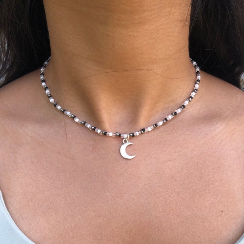 Moon Choker Necklace Beaded Choker With Moon Charm Seed Bead Etsy