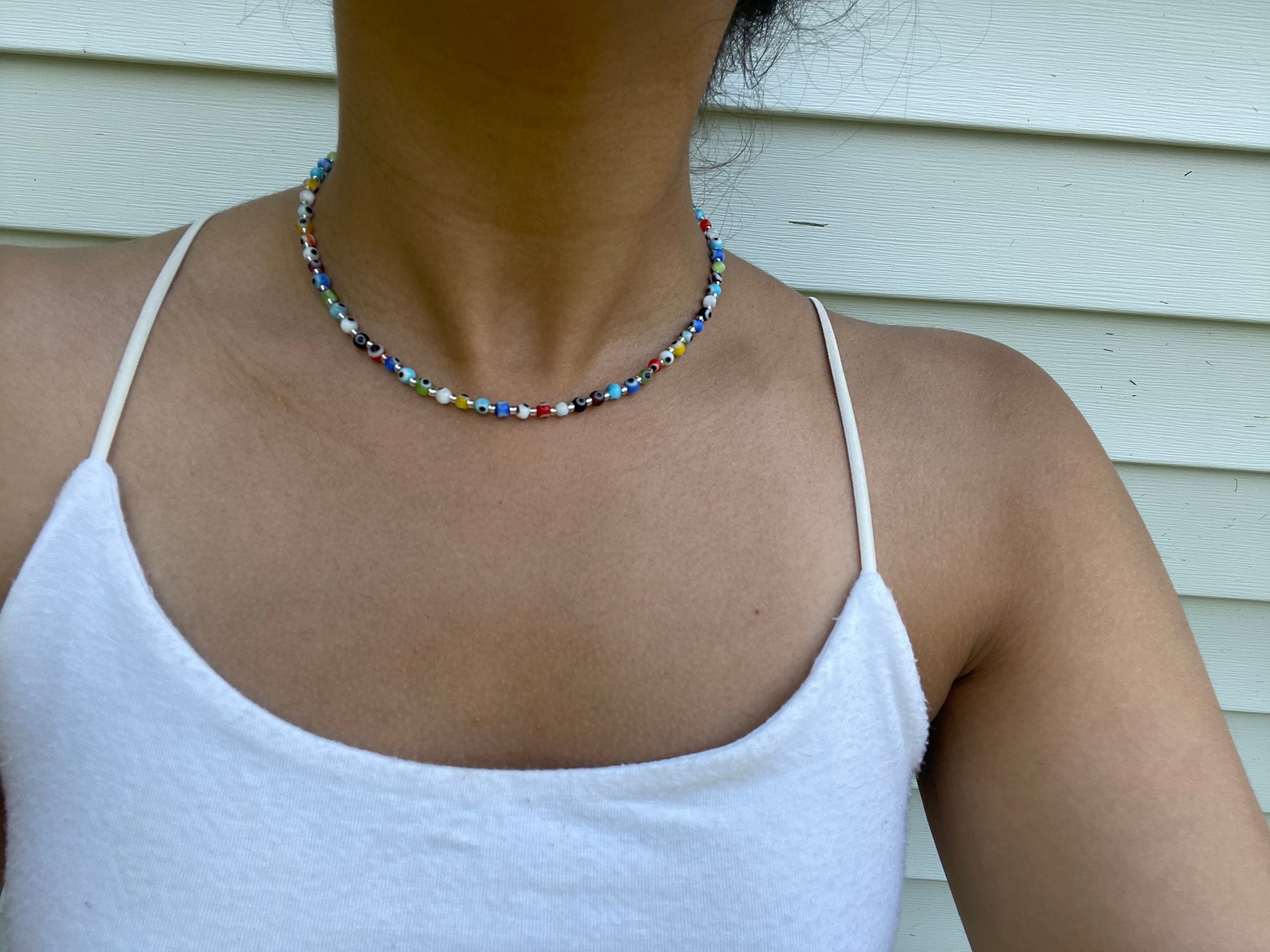 White Beaded Evil Eye Choker