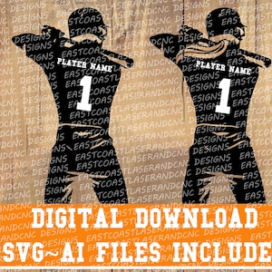 May include: Two black silhouette images of baseball players facing away from the viewer. The players are wearing baseball uniforms with the number "1" on the back. The text "PLAYER NAME" is above the number. The text "EAST COAST DESIGNS" is repeated in the background.