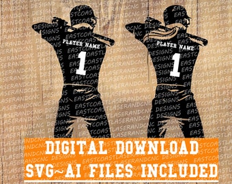 May include: Two black silhouette images of baseball players facing away from the viewer. The players are wearing baseball uniforms with the number "1" on the back. The text "PLAYER NAME" is above the number. The text "EAST COAST DESIGNS" is repeated in the background.