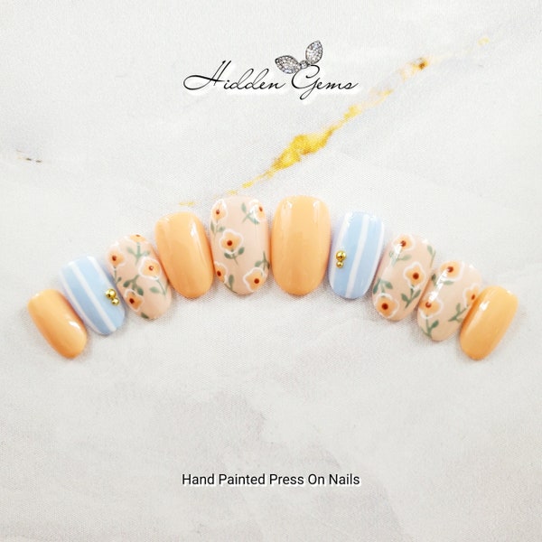 Glossy Pastel Orange & Baby Blue Press On Nails | False Nails | Cute Nails | Best Seller Nails | Best Nail Shop | Trending Nails