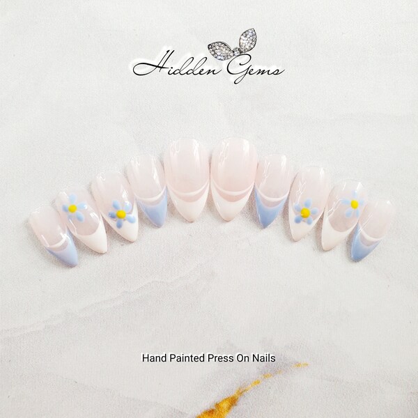 Simple Blue Flowers & French Tip Press On Nails | False Nails | Luxury Nails | Best Seller Nails | Best Nail Shop | Trending Nails