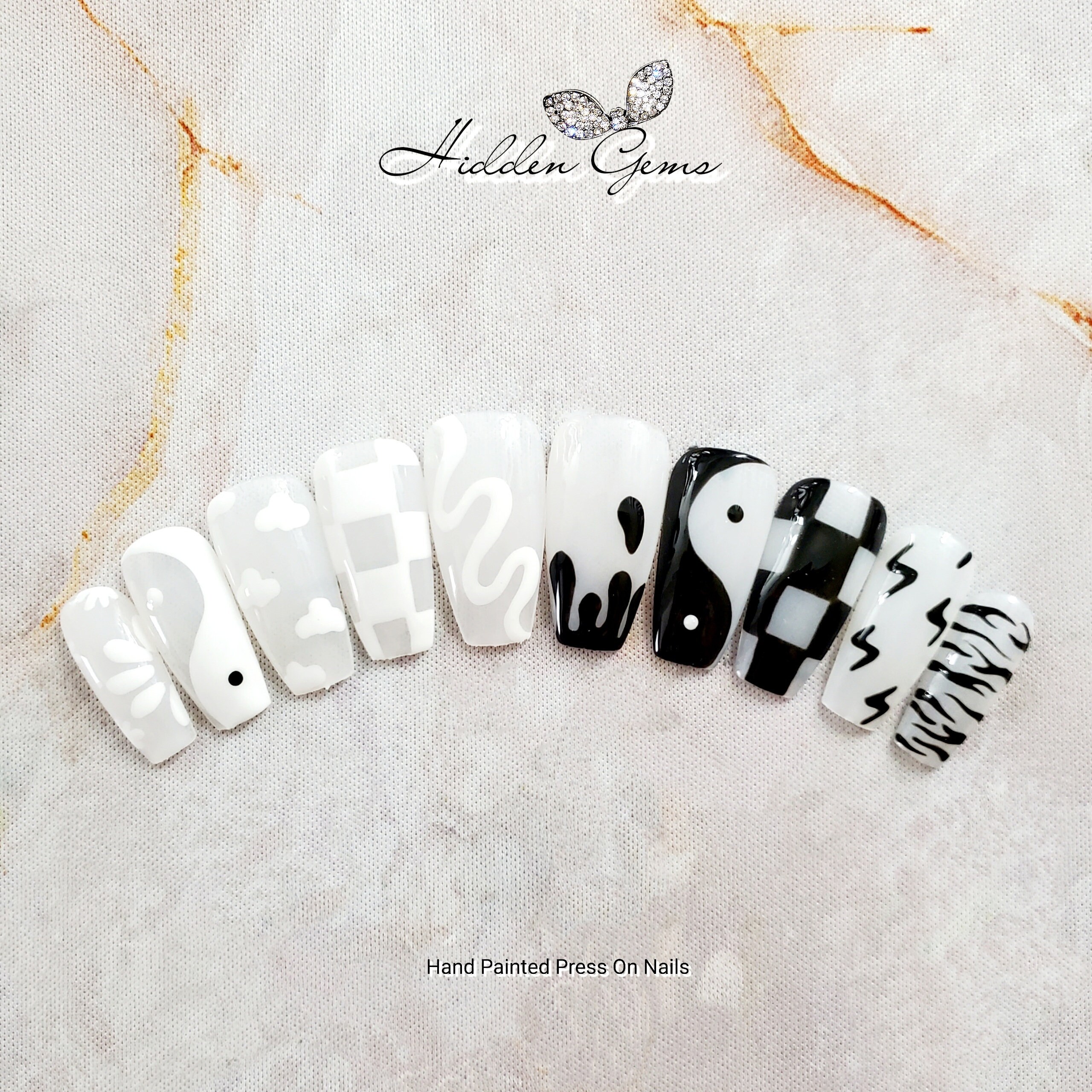 Glossy Black & White Press on Nails False Nails Luxury | Etsy