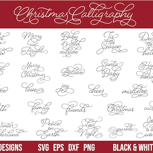 Świąteczne słowa i frazy kaligraficzne SVG Pakiet plików do cięcia EPS SVG Dxf Png Clipart na karty i znaki Świąteczne słowa z ozdobnikami SVG