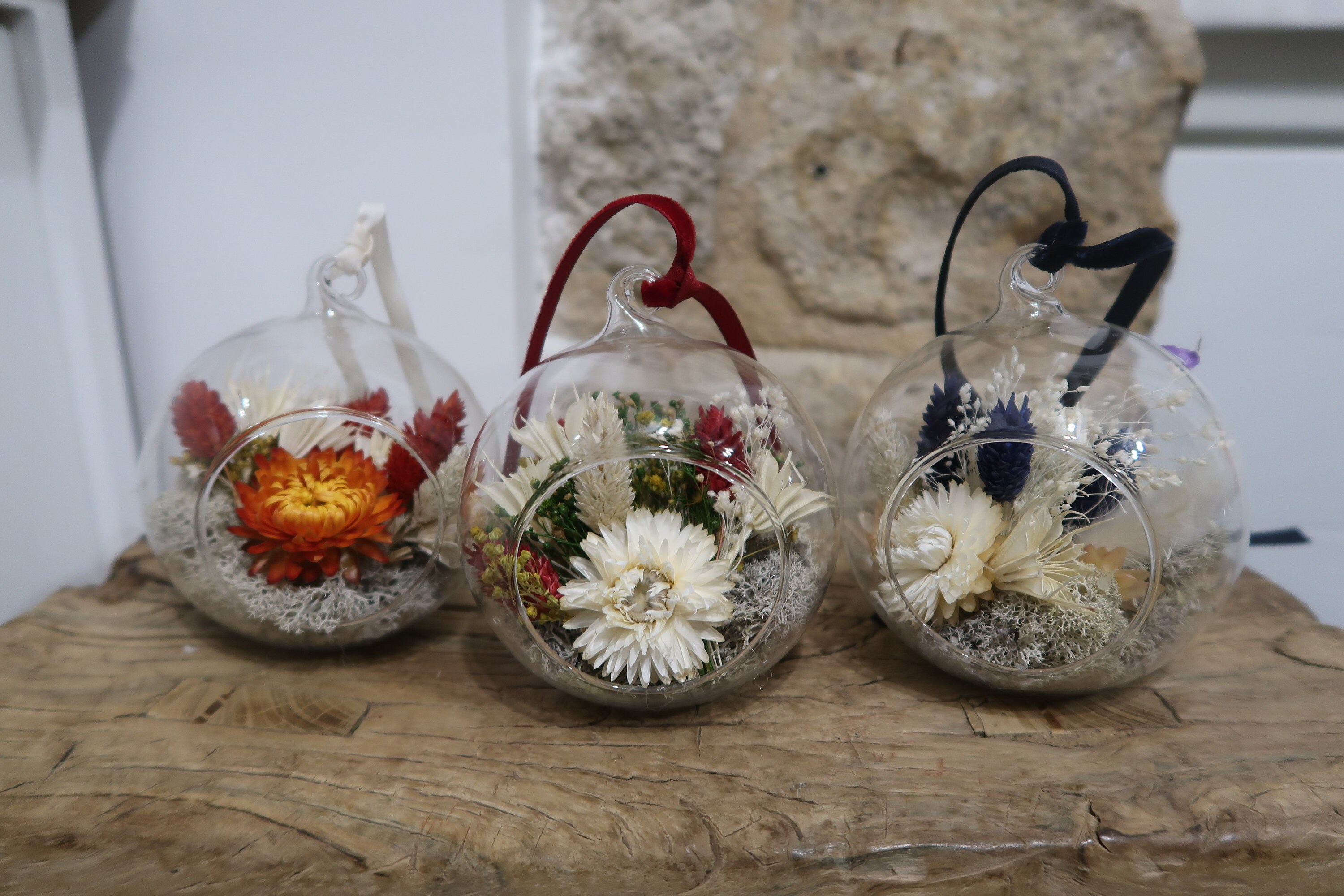 Trio de Boules Noël en Fleurs Séchées