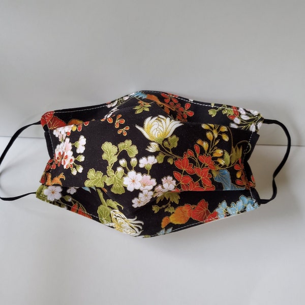 Black Floral Face Mask 100% cotton. Reusable and Washable. Black with Flowers. Adult Small/Medium or Large