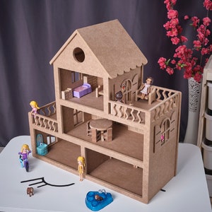 Handmade Wooden Dollhouse Toys, DIY Montessori Waldorf Toys, Toddler Doll Houses, Role Playing Furniture, Paintable Educational Toy Fixed Roof