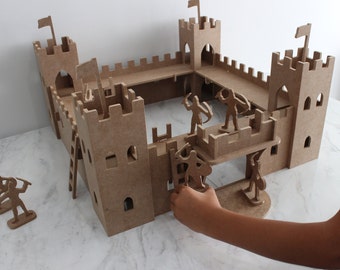 Château en bois fait main, jouets Montessori Waldorf à monter soi-même, à peindre, jouet éducatif pour famille, cadeau de Noël (avec 8 figurines Sodier)