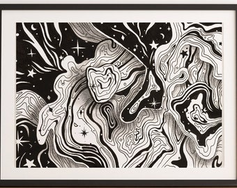 以下が含まれることがあります： 渦巻き状の線と星が描かれた白黒の抽象的なアートプリント。プリントは黒いフレームで額装されています。