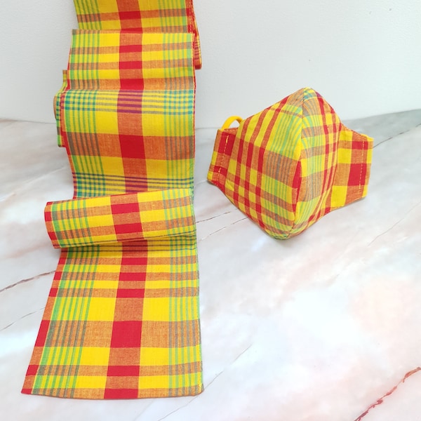 Ensemble cravate/masque Madras Mix Head jaune et rouge