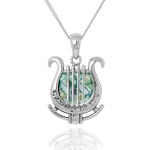 Sterling Silver Harp Pendant with &quot;Sing to The Lord a New Song&quot; Verse and Roman Glass - Ethnic Jewelry - 100% Original  Archaeological Glass