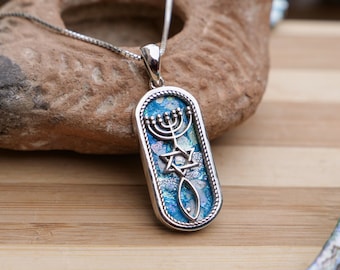 Messianischer Anhänger aus Silber und römischem Glas - Handgemachter antiker Glasschmuck Fisch messianisches Siegel Israelisches Design Archäologische Glasstücke