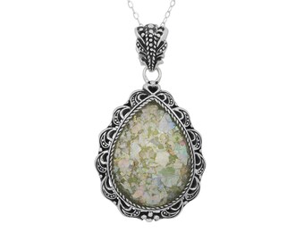 Pear Shape Sterling Silver Pendant with Roman Glass - Handmade Ethnic Jewelry - 100% Original Historical Archeological Glass Piece Necklace