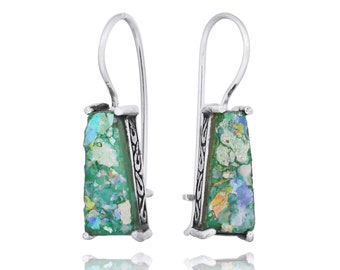 Roman Glass Silver Earrings - Ancient Roman Glass Jewelry - Israeli Jewelry - Natural colours glass - Historical archiological Piece