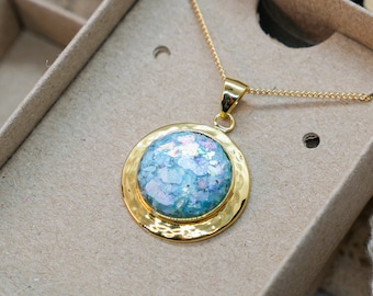 Round Gold Roman Glass Pendant, Handmade Ancient Roman Glass 18K Gold Plated Necklace, Natural colours glass Historical Piece