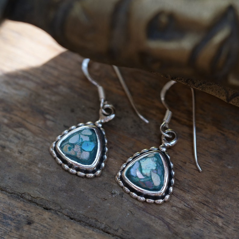 Israeli Jewelry Natural colours glass archaeological Glass Pieces Ancient Roman Glass Silver Jewelry Elegant Roman Glass Earrings