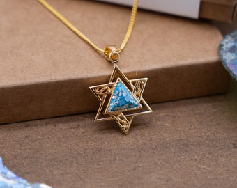 Gold Roman Glass Star of David Pendant, Ancient Roman Glass 18K Gold Plated Judaica Necklace, Authentic Israeli Jewish Gift for Woman