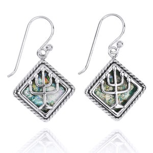 Roman Glass Earrings - Ancient Roman Glass Silver Jewelry - Israeli Jewelry - Menorah Jewish Design - Historical archaeological Glass Pieces