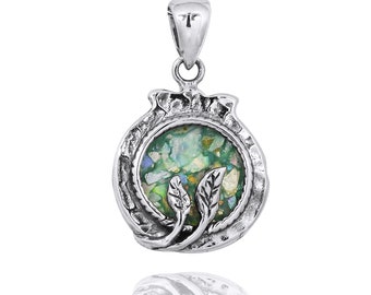 Sterling Silver Pomegranate with Leaves Pendant and Round Roman Glass - Israeli Jewelry - Historical archiological Piece