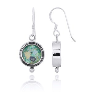 Roman Glass Classic Round Silver Earrings - Ancient Roman Glass Jewelry - Ethnic Israeli Jewelry - Historical archaeological Glass Pieces