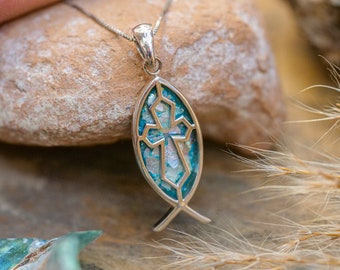 Roman Glass Cross Necklace - Fish Design Cross Pendant with Original Ancient Roman Glass Piece - Ethnic Design - Christian Handmade Jewelry