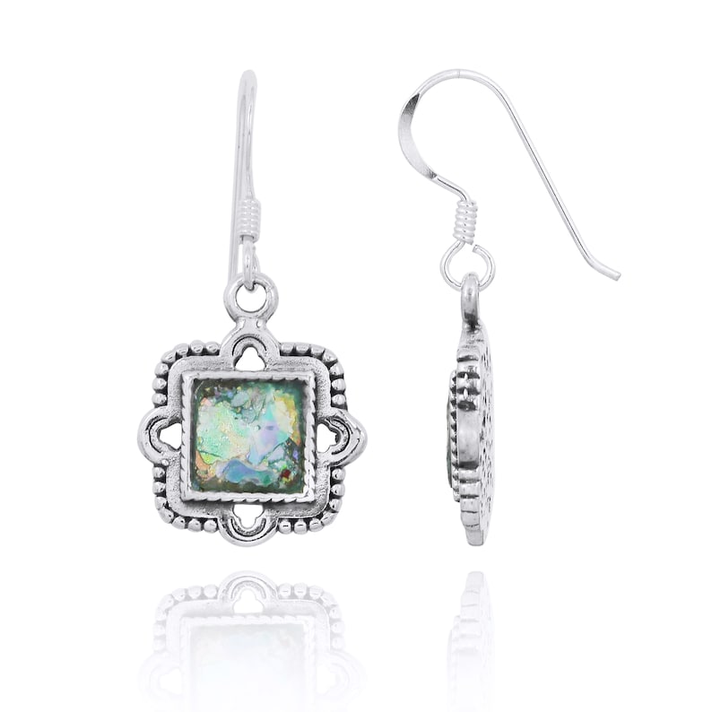 archaeological Glass Pieces Ethnic Roman Glass Silver Earrings Natural Patina colours Ancient Roman Glass Jewelry Israeli Jewelry