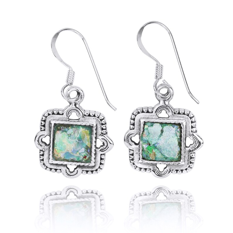 archaeological Glass Pieces Ethnic Roman Glass Silver Earrings Natural Patina colours Ancient Roman Glass Jewelry Israeli Jewelry