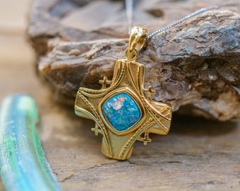 Golden Cross Necklace - Roman Glass Christian Jewelry - Gold Plated Sterling Silver Jerusalem Cross Pendant - Original Ancient Roman Glass