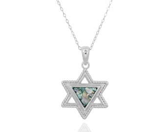 Star of David Roman Glass Pendant, Silver Roman Glass Necklace Israeli Design Jewish Jewelry, Historical Original archeological Piece